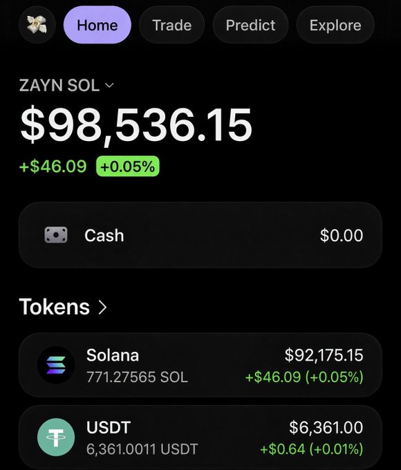 The image shows a crypto wallet portfolio displaying "ZAYN SOL" with a total balance of $98,536.15, including 771.27565 SOL ($92,175.15) and 6,361.0011 USDT ($6,361.00), seemingly used as "proof" to promote a fake "$SOL airdrop" giveaway that asks users to retweet and share their wallet addresses—a common crypto scam.