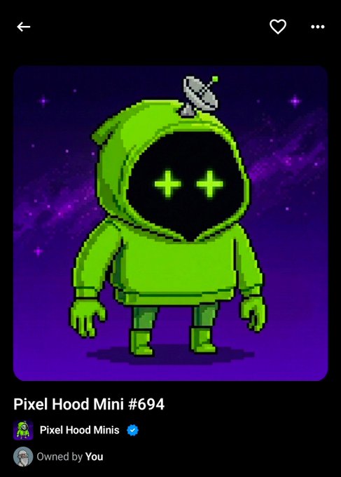 An NFT profile page showing a green pixel-art astronaut character titled 'Pixel Hood Mini #694' from the Pixel Hood Minis collection.