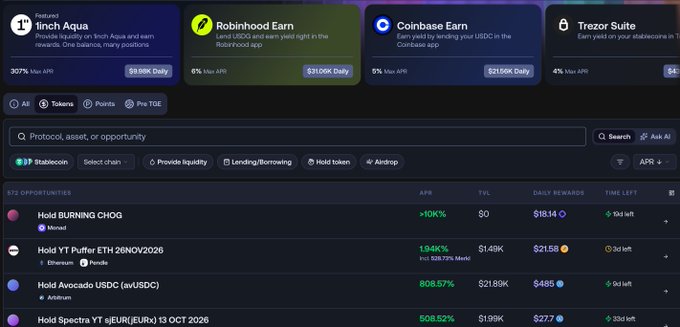 A screenshot of a cryptocurrency DeFi platform showing yield opportunities like '1inch Aqua' (307% Max APR), 'Robinhood Earn' (6%), 'Coinbase Earn' (5%), and 'Trezor Suite' (4%), with a list of airdrops below including 'Hold BURNING CHOG' and 'Hold Avocado USDC'.