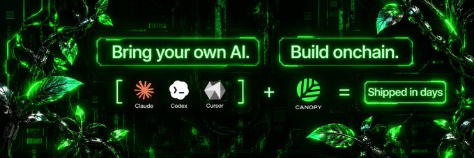 A green-themed digital graphic promoting AI and blockchain technology, displaying 'Bring your own AI.' and 'Build onchain.' with logos for Claude, Codex, Cursor, and Canopy.