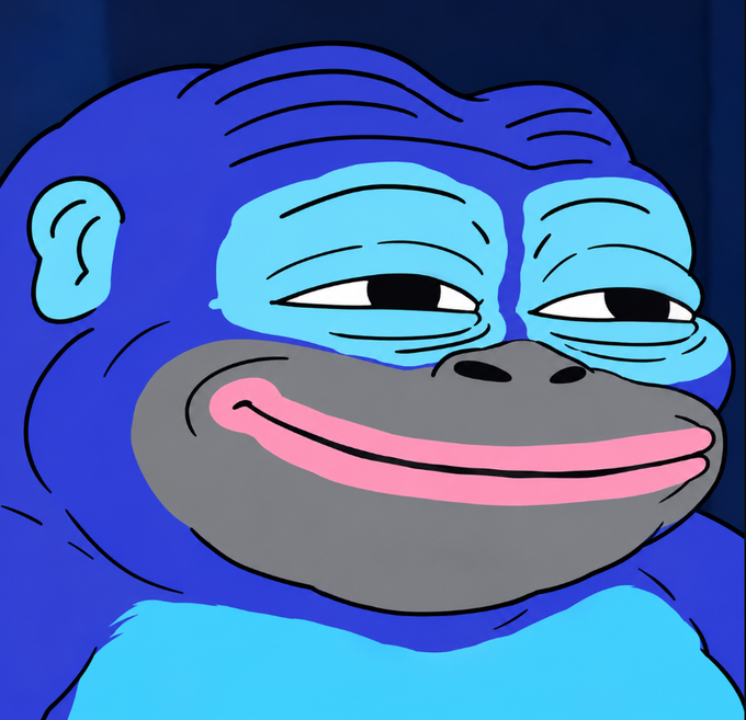 A cartoon illustration of a blue gorilla or ape character with droopy eyes, a wide pink smile, and a light blue chest, looking weary or unimpressed.