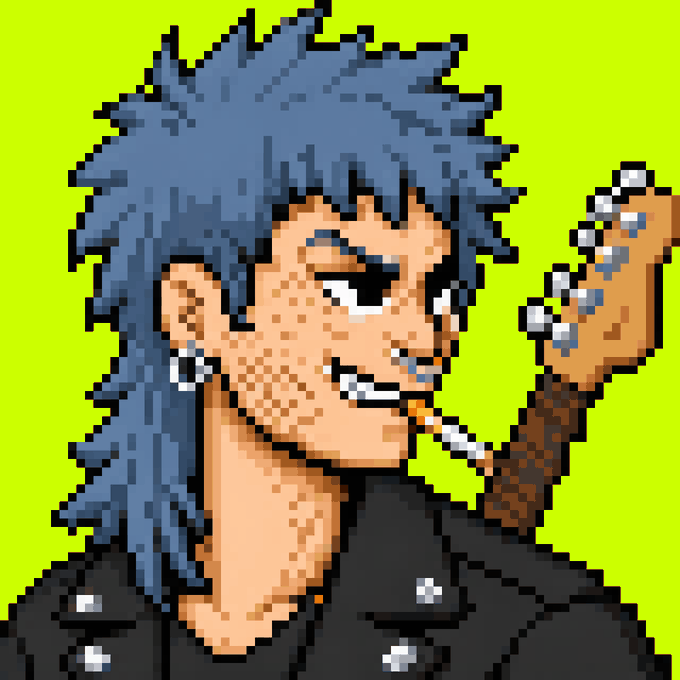 A pixel art portrait of a smirking character with spiky blue hair, an earring, and a studded leather jacket, holding a studded bat against a neon green background.