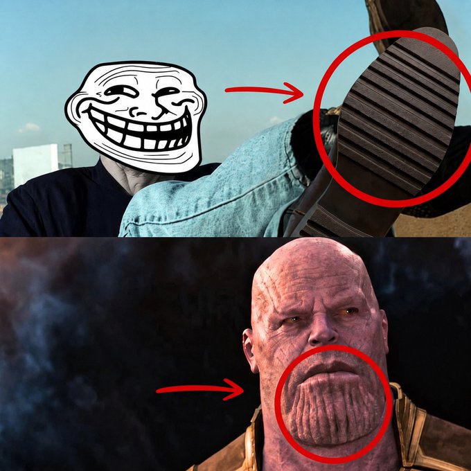 A humorous meme comparing a man's boot tread to the ridged chin of the Marvel character Thanos, with a trollface image overlaid on the man's face.