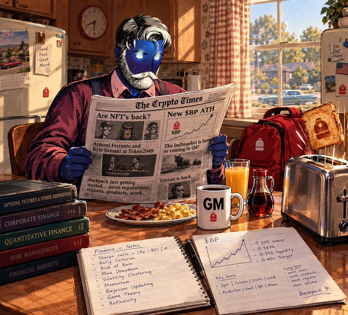 A stylized AI-generated illustration of a blue-skinned character with a gray beard reading "The Crypto Times" newspaper, which mentions NFT's, SBP (Sui Basis Price?), Armani Ferrante, Kyle Samani, and Token2049, with a backpack-shaped toaster and finance books in the background.