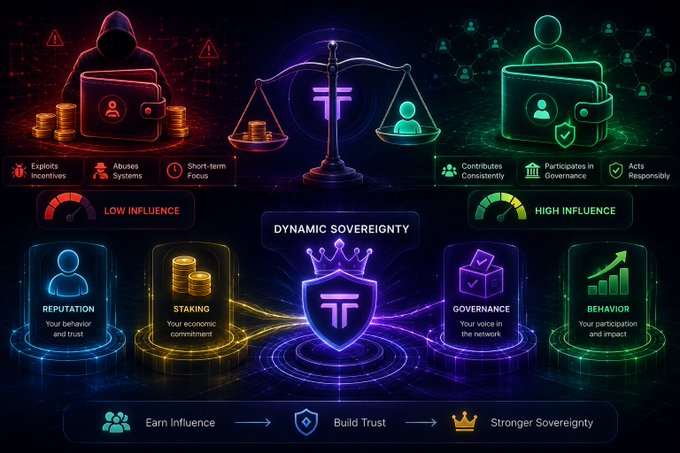 Infographic illustrating 'DYNAMIC SOVEREIGNTY' in crypto governance, contrasting 'LOW INFLUENCE' (Exploits Incentives, Abuses Systems, Short-term Focus) with 'HIGH INFLUENCE' (Contributes Consistently, Participates in Governance, Acts Responsibly). Pillars include Reputation, Staking, Governance, and Behavior, flowing into a progression: Earn Influence → Build Trust → Stronger Sovereignty.
