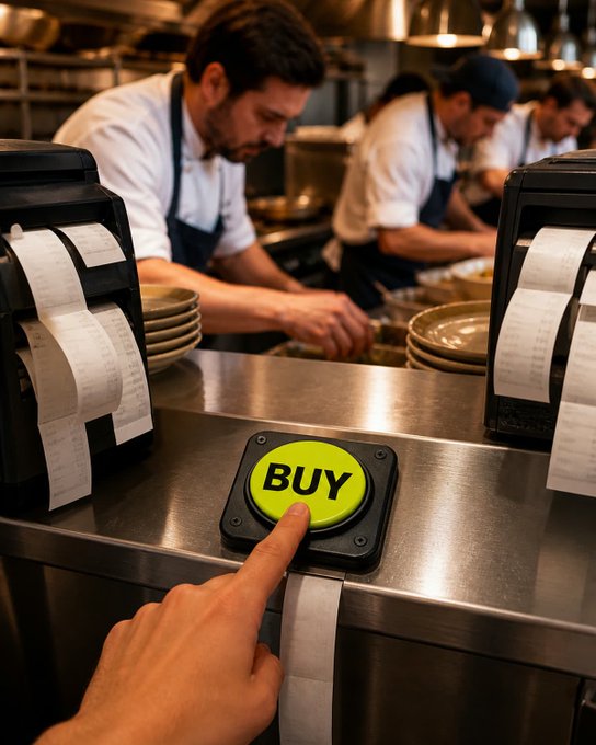 A scene in a busy commercial kitchen where a finger presses a large green 'BUY' button surrounded by receipt printers.