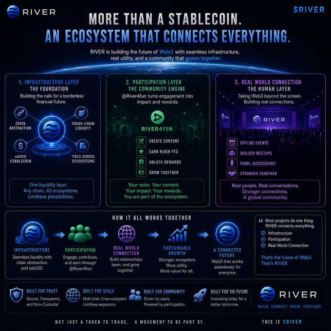 A promotional infographic for RIVER, a Web3 ecosystem built around a satUSD stablecoin, detailing Infrastructure Layer, Participation Layer (@River4fun), and Real World Connection layers.