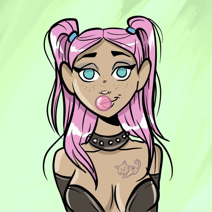 A cartoon-style digital illustration features a pink-haired character with double buns, teal eyes, and a cat tattoo on her chest, blowing a pink bubblegum bubble while wearing a spiked collar and black top, set against a soft green background. The image aligns with the post about loving MetaVixensNFT, suggesting it's promotional artwork for that NFT collection, with the stylized character likely representing one of the digital vixens from the project.