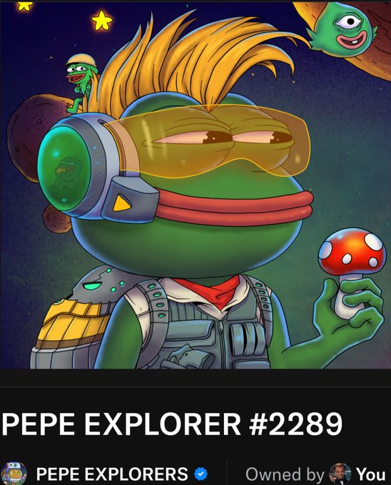 A digital illustration of a Pepe-style character wearing large yellow goggles and tactical gear, holding a red and white mushroom, with the text "PEPE EXPLORER #2289" and "PEPE EXPLORERS" at the bottom.