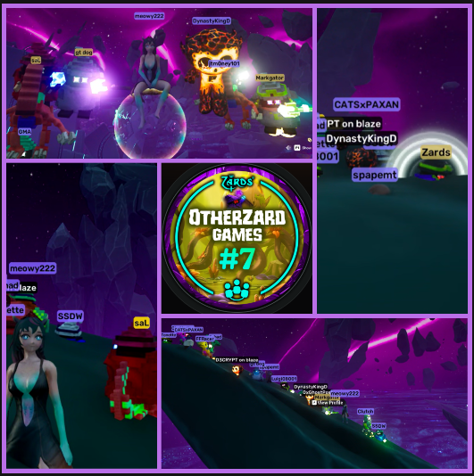 A collage of screenshots from a virtual gaming event called 'QTHERZARD GAMES #7,' showing various player avatars in a dark, neon-lit virtual world.