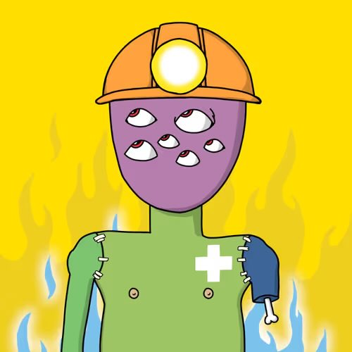 A cartoon illustration depicts a purple, multi-eyed alien-like figure wearing an orange miner's hardhat with a glowing headlamp, embracing a smaller green human character marked with a medical cross, set against a yellow background with flame motifs—visually echoing the post's "Happiest Hump Day" message of warm, supportive human connection.
