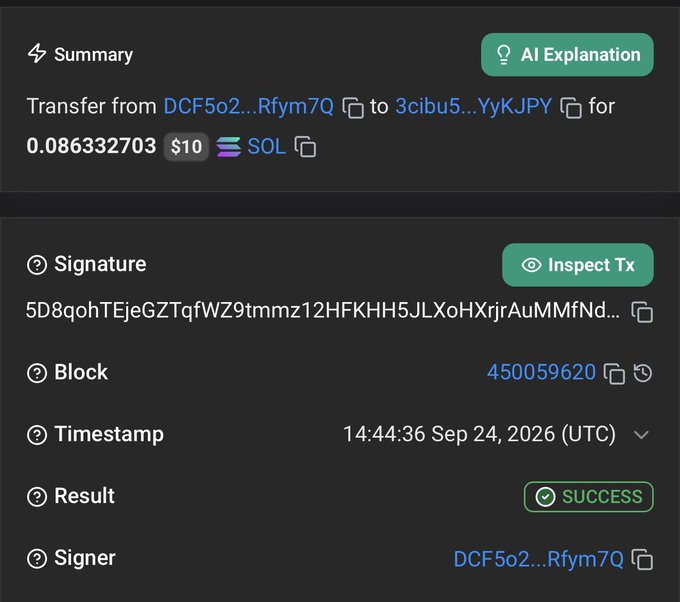 A screenshot of a successful blockchain transaction showing a transfer of 0.086332703 SOL (~$10) from wallet DCF5o2...Rfym7Q to 3cibu5...YyKJPY, timestamped Sep 24, 2026, and included in block 450059620. This serves as proof of payout to a contest winner, aligning with the post's announcement of paying the "fifth winner" for engagement on their posts.