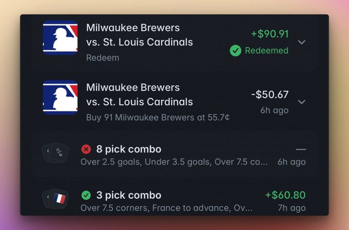 A sports betting app history showing a redeemed Milwaukee Brewers vs. St. Louis Cardinals bet for +$90.91, a -$50.67 bet, and two pick combos (8-pick loss and 3-pick win for +$60.80).