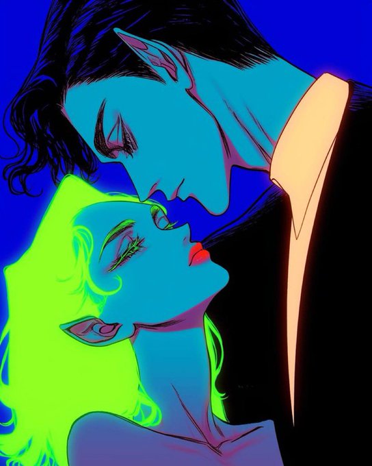 A stylized, neon-colored illustration of a man with dark hair leaning down to kiss a woman with bright green hair against a blue background.