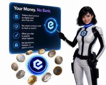 A promotional graphic showing a woman in a futuristic suit holding a 'C' token, with text reading 'Your Money. No Bank.' and listing features like digital cash functionality and no smart contract code.