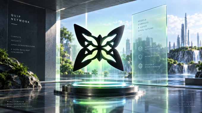 A futuristic promotional graphic for 'QUIP NETWORK' featuring a black butterfly logo on a glowing platform, with text about computing security and open infrastructure.