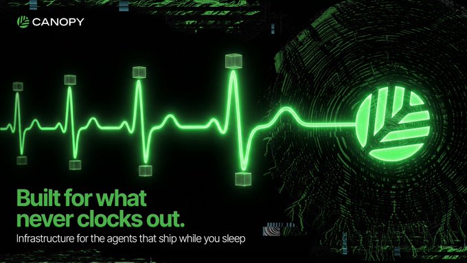 Advertisement for Canopy featuring a green digital heartbeat waveform transforming into a logo, with the tagline 'Built for what never clocks out. Infrastructure for the agents that ship while you sleep.'