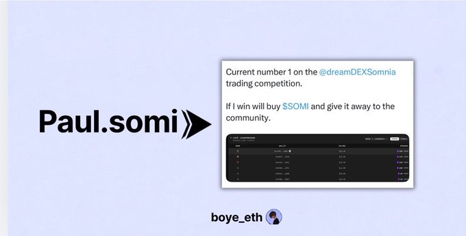An image showing a tweet from boye_eth about being number 1 on the @dreamDEXSomnia trading competition, promising to buy $SOMI for the community if they win, alongside the Paul.somi logo.