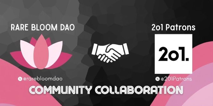 A graphic announcing a "Community Collaboration" between Rare Bloom DAO and 201 Patrons, featuring their respective logos (a pink lotus and a white square with "201.") flanking a handshake icon on a dark background, promoting the 201-member invite-only Ethereum NFT collection.