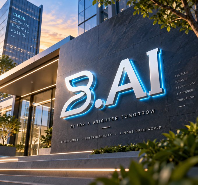 A modern corporate building features an illuminated "3.AI" sign alongside the slogan "AI FOR A BRIGHTER TOMORROW," with additional text highlighting "INTELLIGENCE • SUSTAINABILITY • A MORE OPEN WORLD" and "CLEAN COMPUTE BRIGHTER FUTURE." The image's theme of trustworthy, transparent technology visually complements the post's message about using Verifiable Random Functions (VRF) to bring cryptographic verifiability to blockchain randomness.