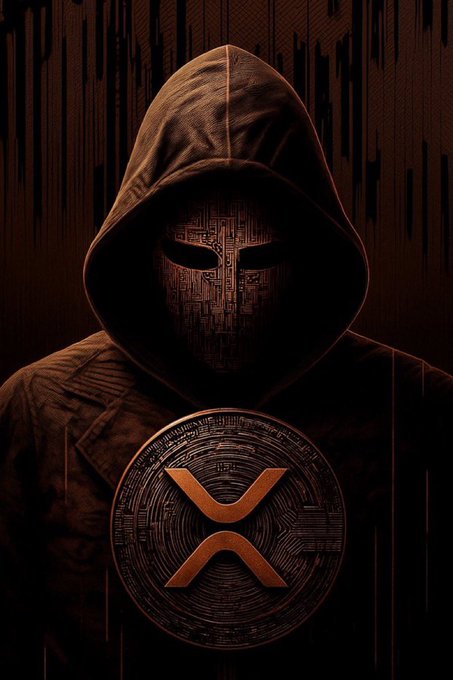 A dark, hooded figure wears a mask with a circuit board pattern, displaying a glowing orange XRP (Ripple) cryptocurrency logo on their chest.