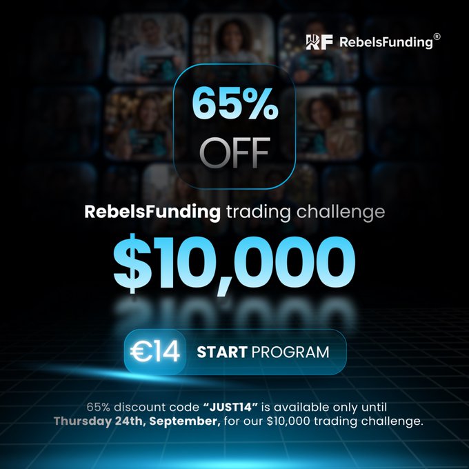 RebelsFunding is offering 65% off its $10,000 trading challenge, now priced at just €14 with discount code JUST14, available only until Thursday, September 24th.