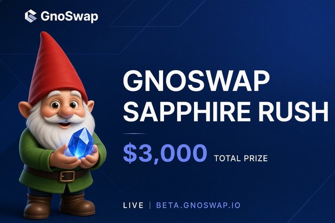 A promotional banner for 'GNOSWAP SAPPHIRE RUSH' featuring a 3D gnome holding a blue gem, advertising a $3,000 total prize at beta.gnoswap.io.