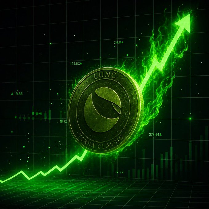 The image shows a close-up of a green coin with a logo on the top left corner, set against a dark background with scattered numbers and charts that suggest an upward trend in cryptocurrency value growth. The caption below the coin reads "With less than 8% invested in crypto globally LUNC can 100x from here." This suggests that the coin is associated with a strategy to benefit from rising cryptocurrency values or potentially make a profit through cryptocurrency trading.