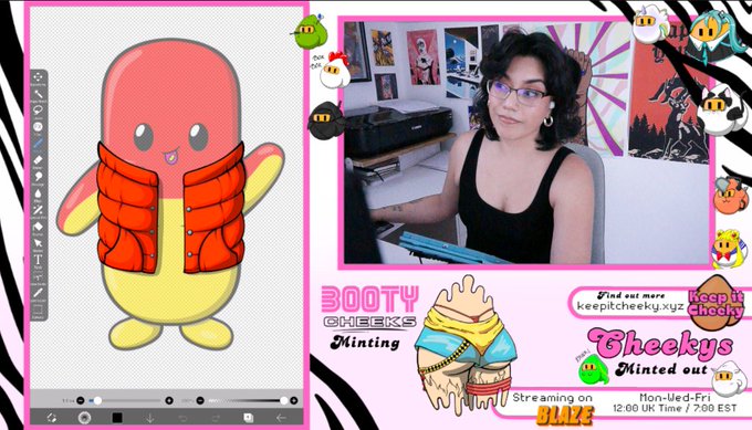 A Twitch-style streaming overlay features a digital illustration of a pink pill-shaped character in a red vest alongside a webcam feed of a woman with glasses and dark hair; text includes 'BOOTY CHECKS', 'Minting', 'Cheekys', 'Find out more keepitcheeky.xyz', and 'Streaming on BLAZE'.