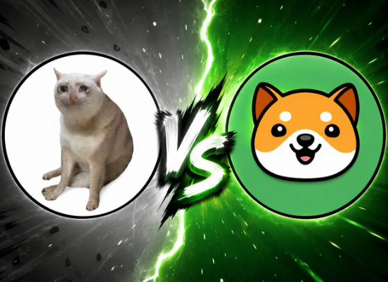 A split-screen showdown image featuring a white cat on the left in a dark, cosmic-themed circle alongside the "VS" graphic, pitted against a cartoon Shiba Inu dog (BABYDOGE mascot) in a bright green circle on the right, visually representing the memecoin battle between $CASHCAT and $BABYDOGE.