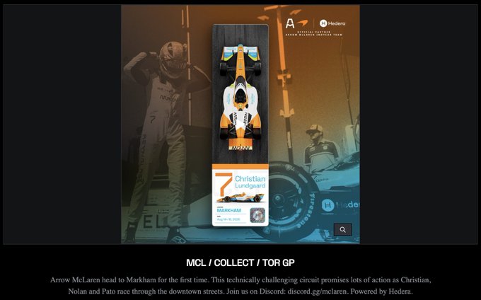 A promotional graphic for Arrow McLaren racing team announcing Christian Lundgaard's head to Markham, with an F1 car on a display stand and a QR code.