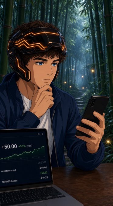 An anime-styled young man wearing a futuristic glowing headset sits in a bamboo forest, looking thoughtfully at his smartphone while a laptop displays a portfolio showing "+50.00 +5.2% (24h)" and ticker "winateround" at "107,980 bease." The image visually represents the post's theme of crypto/NFT investing and digital rewards, with the trader-focused scene reinforcing the message about Hazels NFT utility, staker rewards, and USDT earnings through the "Pulse attention layer."
