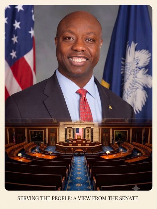 The image shows a smiling man in a dark suit with a red tie, identified by the accompanying post as Senate Banking Committee Chairman Tim Scott, standing before the American flag and South Carolina state flag. Below his portrait is a view of the U.S. Senate chamber with the caption "SERVING THE PEOPLE: A VIEW FROM THE SENATE," which ties to his role in pushing the CLARITY Act toward a vote before August recess.