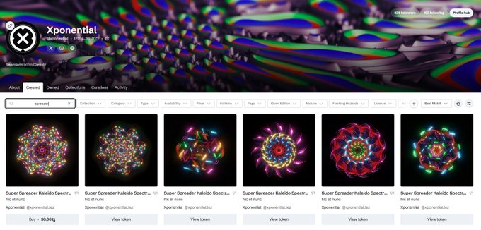 An NFT marketplace page for 'Xponential' creator displaying a collection of 'Super Spreader Kaleido Spectr' items priced at 30.00 with vibrant, colorful kaleidoscopic artwork thumbnails.