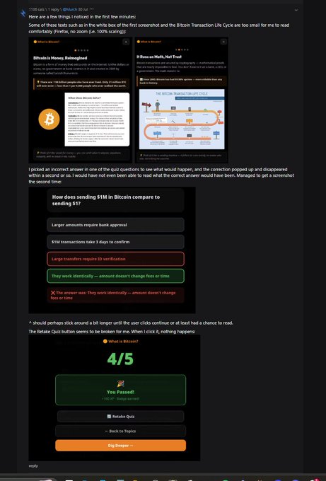Screenshot showing a quiz about Bitcoin, money, and trust, with topics like 'Bitcoin is Money, Not Bullshit' and 'Bitcoin is Math, Not Fraud' and a score of 4/5.