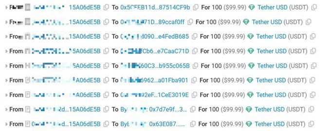 The image shows a list of nine outgoing USDT (Tether) transfers, each worth exactly 100 USDT ($99.99), from various sending addresses (mostly ending in "...15A06dE5B") to different recipient addresses, which is consistent with the post's promotion claiming earnings of $100 per reposting and following @Earnerfun.