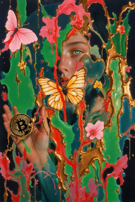 A surreal artistic composition featuring a woman's face partially obscured by dripping green, red, and gold paint, with butterflies, flowers, and a hand holding a physical Bitcoin token emerging from the imagery.