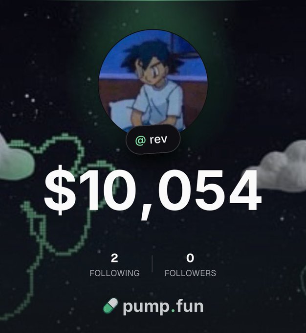 The image displays a PumpFun profile page with a large "$10,054" displayed prominently, featuring an anime-style avatar and the username "@ rev" with 2 following and 0 followers, directly announcing the start of their $10k trading journey on the platform as mentioned in the post.