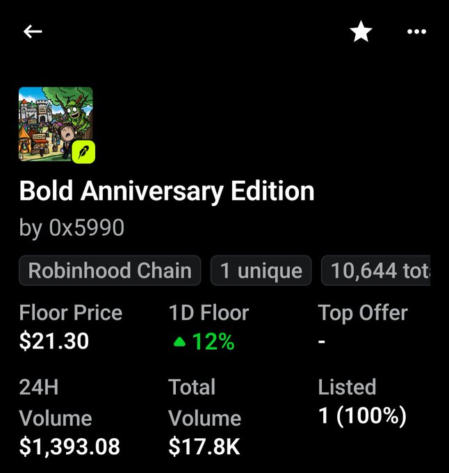 A mobile app screenshot showing an NFT listing for 'Bold Anniversary Edition' by 0x5990 on the Robinhood Chain, with a floor price of $21.30 and 24H volume of $1,393.08.