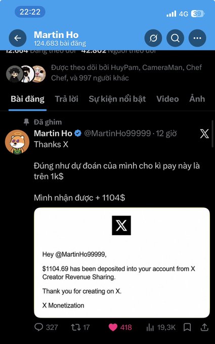A screenshot of a tweet from Martin Ho (@MartinHo99999) showing $1,104.69 deposited into his account from X Creator Revenue Sharing, thanking X for the payment received just 12 hours prior. The post highlights successful earnings from X's monetization program, supporting the caption's message about generating income through original content rather than reuploads.