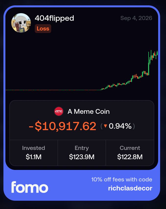 A fomo trading app screenshot dated Sep 4, 2026, showing user '404flipped' with a 'Loss' tag on 'A Meme Coin', showing -$10,917.62 loss with $1.1M invested and a promo code 'richclasdecor' for 10% off fees.