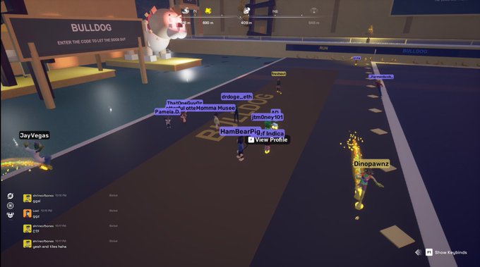 Screenshot of a 3D virtual world/metaverse environment showing user avatars with usernames like 'HamBearPig', 'Dinopawnz', and 'drdoge_eth' gathered in what appears to be a social gaming space with a bulldog mascot sign.