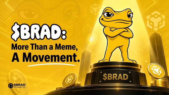 A confident cartoon frog mascot stands on a pedestal labeled "$BRAD" with arms crossed, surrounded by gold coins against a vibrant yellow background featuring the text "$BRAD: More Than a Meme, A Movement." The image visually reinforces the post's message of patient anticipation, with the frog's "I told you so" pose mirroring the teaser about upcoming developments that are "already set in motion" for the $BRAD token.