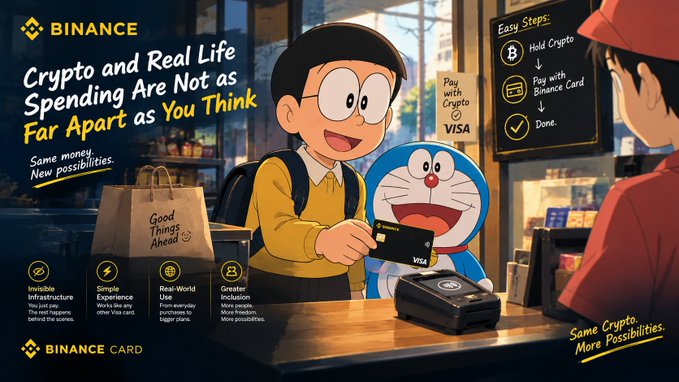 A Binance promotional image featuring the character Nobita from Doraemon, with text reading 'Crypto and Real Life Spending Are Not as Far Apart as You Think' and 'Pay with Crypto VISA'.