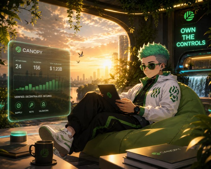 A digital artwork showing a green-haired character in white and green attire using a tablet, with a holographic 'CANOPY' dashboard displaying 24 active chains, 156 validators, $1.23B total value locked, and an 'OWN THE CONTROLS' sign in a futuristic city setting at sunset.