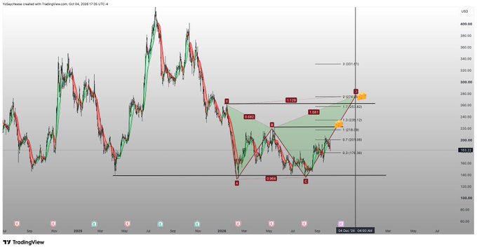A TradingView chart of $COIN showing a potential bullish harmonic pattern with Fibonacci levels (1.272, 1.414, 2.0) targeting around $258-$280, supporting the post's view of a possible push up toward January highs before an anticipated lower rotation.