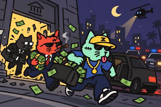 A cartoon illustration of three cats in a heist scene, with one carrying a briefcase full of money while running from police cars and a helicopter.