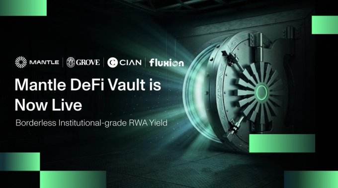 A promotional banner for Mantle's DeFi Vault launch, featuring logos for Mantle, Grove, CIAN, and Fluxion alongside a large bank vault image, with the headline "Mantle DeFi Vault is Now Live" and the tagline "Borderless Institutional-grade RWA Yield." The image visually reinforces the post's announcement about bringing the onchain Mantle Vault to anyone with a wallet, extending the previously Bybit-exclusive strategy that had already attracted $200M in deposits.