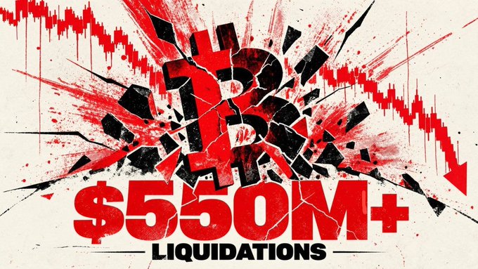 A graphic with red splatter and shattered black text displays '$550M+' in large red letters above the word 'LIQUIDATIONS', flanked by red downward-trending charts.