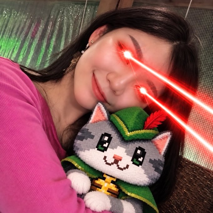 A woman with dark hair holding a plush toy of the League of Legends character Tristana, edited to have glowing red laser beams shooting from her eyes.
